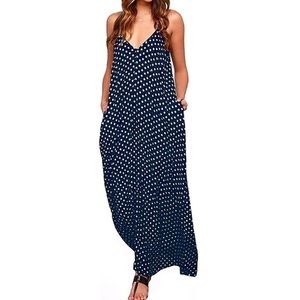 Navy and white polkadot maxi dress with pockets